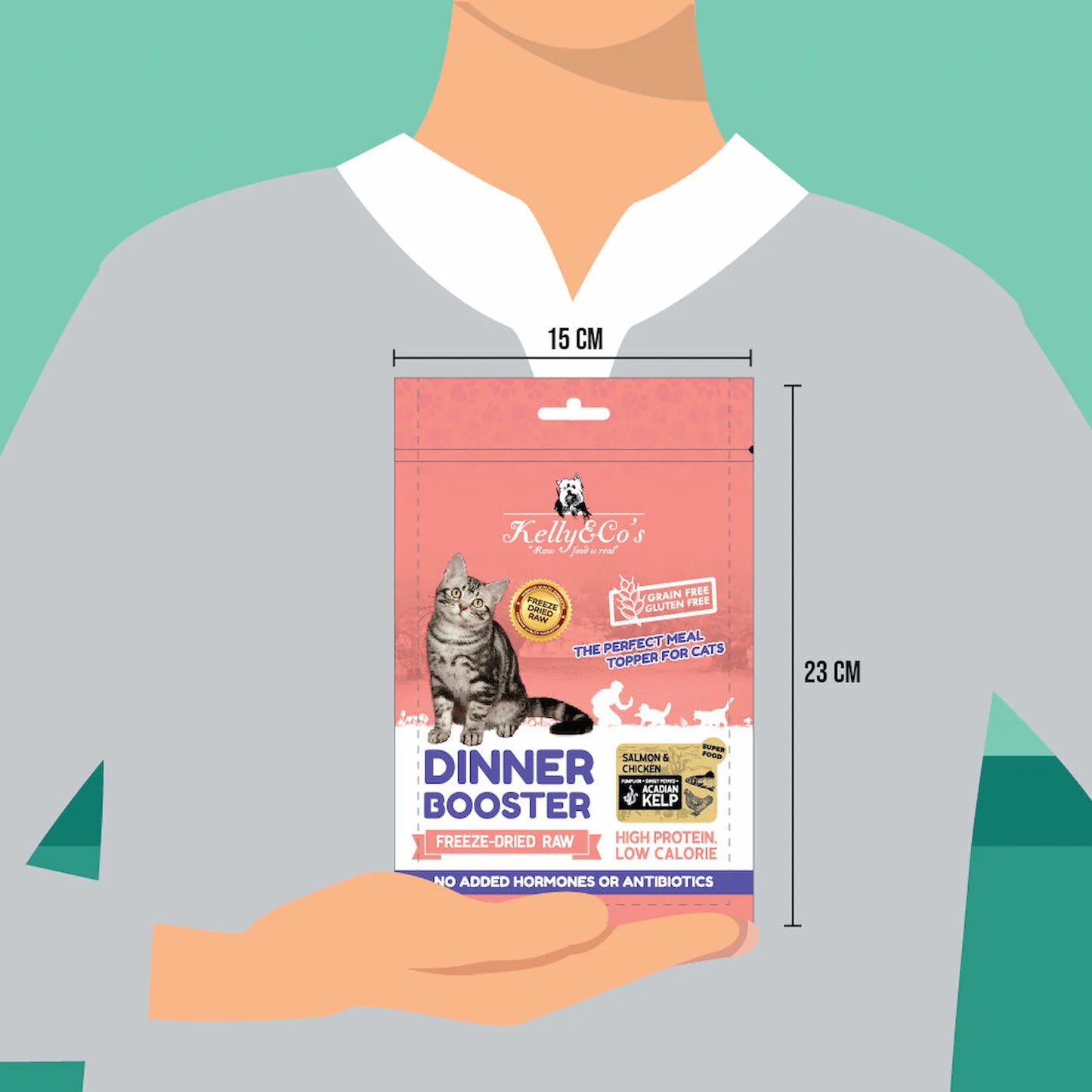 猫用ディナーブースター サーモン&チキン&アカディアンケルプのパッケージサイズを表すイラスト:横15cm、縦23cm