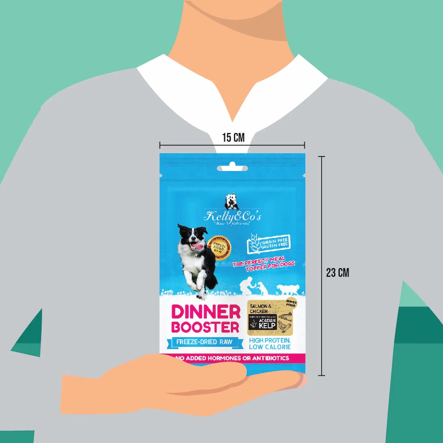 犬用ディナーブースター サーモン&チキン&アカディアンケルプのパッケージサイズを表すイラスト:横15cm、縦23cm