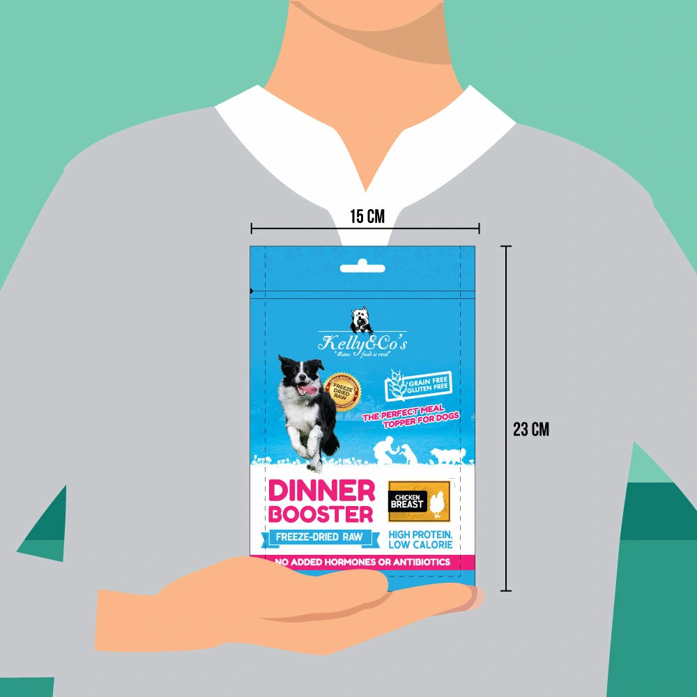 犬用ディナーブースター チキンブレストのパッケージサイズを表すイラスト:横15cm、縦23cm