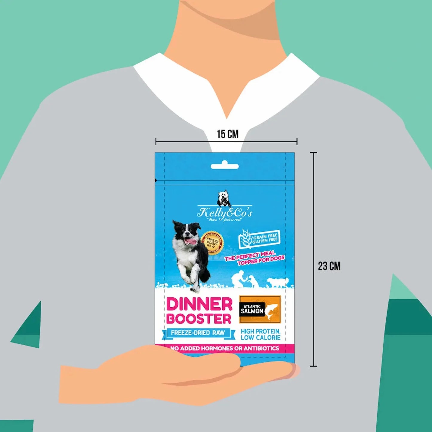 犬用ディナーブースターサーモンのパッケージサイズを表すイラスト:横15cm、縦23cm